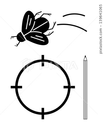 Goal setting, precision, problem solving, creativity, focus, and direction. A fly, a crosshair target and a pencil in a minimal black and white design. Focus and precision concept Goal setting, precision, problem solving, creativity, focus, and direction. A fly, a crosshair target and a pencil in a minimal black and white design. Focus and precision concept 139641065