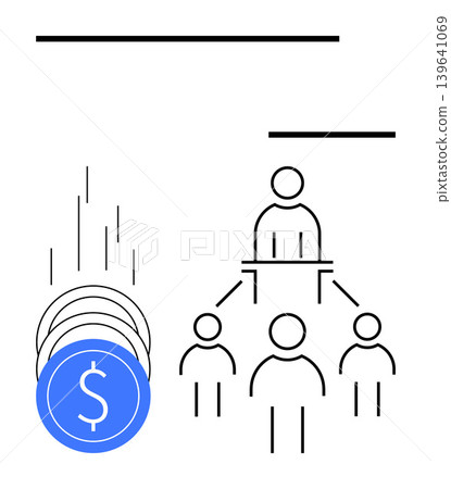 Wealth distribution, business management, investment strategies, organizational hierarchy, economy, leadership. Coins value, linked figures showing roles. Wealth distribution and business management 139641069