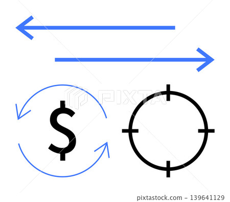 Finance, business strategies, goal setting, currency exchange, market targeting, investment planning. Arrows indicating direction, dollar sign with circular arrows and target symbol. Finance Finance, business strategies, goal setting, currency exchange, market targeting, investment planning. Arrows indicating direction, dollar sign with circular arrows and target symbol. Finance 139641129