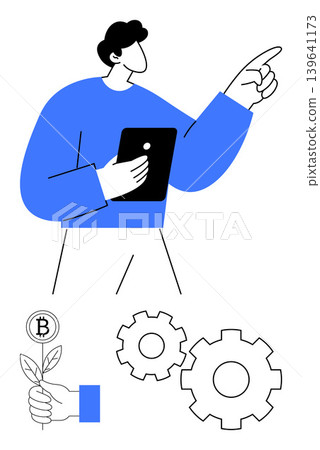 Blockchain, cryptocurrency, technology, fintech, innovation, teamwork. Minimalist design with a man holding a tablet, Bitcoin sprouting plant gears. Blockchain and cryptocurrency concept Blockchain, cryptocurrency, technology, fintech, innovation, teamwork. Minimalist design with a man holding a tablet, Bitcoin sprouting plant gears. Blockchain and cryptocurrency concept 139641173
