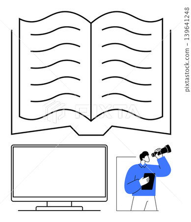 Education, research, technology, discovery, knowledge sharing, career growth. Open book, blank computer screen and a figure holding a telescope. Education and research concepts 139641248
