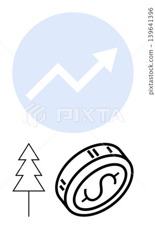 Economic growth, sustainability, investment trends, financial success, eco-friendly economy, environmental impact. Rising arrow, dollar coin and tree outline. Economic growth and sustainability 139641396