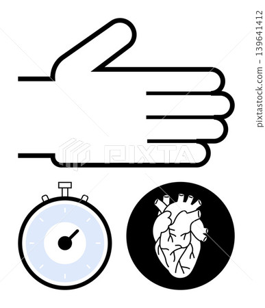 Emergency response, life-saving skills, CPR training, cardiac care, first aid techniques, health awareness. Image shows a hand gesture, stopwatch and a human heart icon. Emergency response Emergency response, life-saving skills, CPR training, cardiac care, first aid techniques, health awareness. Image shows a hand gesture, stopwatch and a human heart icon. Emergency response 139641412