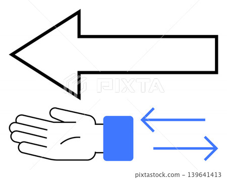 Navigation, user interface, interaction, direction, guidance design. Black hand and arrow with blue accents. Navigation and user interface concept. Line metaphor. Simple line icons 139641413