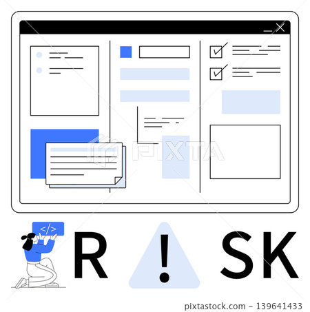Cybersecurity, risk analysis, business planning, data protection, UI design, threat management. A warning icon integrated within a user interface display. Cybersecurity and risk analysis 139641433