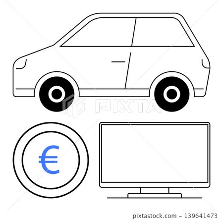 Finances, investments, e-commerce, technology, transportation, savings. Graphic of a car, Euro coin and monitor. Finances and investments illustrated through Euro currency and transport symbols Finances, investments, e-commerce, technology, transportation, savings. Graphic of a car, Euro coin and monitor. Finances and investments illustrated through Euro currency and transport symbols 139641473