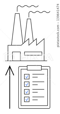 Industrial growth, manufacturing, quality control, productivity, planning, operations management. Factory icon with checklist and upward arrow. Industrial growth and manufacturing concept Industrial growth, manufacturing, quality control, productivity, planning, operations management. Factory icon with checklist and upward arrow. Industrial growth and manufacturing concept 139641474