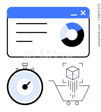 E-commerce, data analysis, time management, business productivity, online shopping, and digital marketing. Analytics dashboard, stopwatch and 3D shopping cart icons. E-commerce and data analysis E-commerce, data analysis, time management, business productivity, online shopping, and digital marketing. Analytics dashboard, stopwatch and 3D shopping cart icons. E-commerce and data analysis 139641478