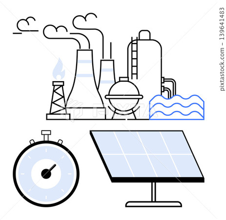 Renewable energy, industrial efficiency, sustainability, power generation, time management, environmental conservation. Solar panel, factory with chimneys and stopwatch icon. Renewable energy Renewable energy, industrial efficiency, sustainability, power generation, time management, environmental conservation. Solar panel, factory with chimneys and stopwatch icon. Renewable energy 139641483