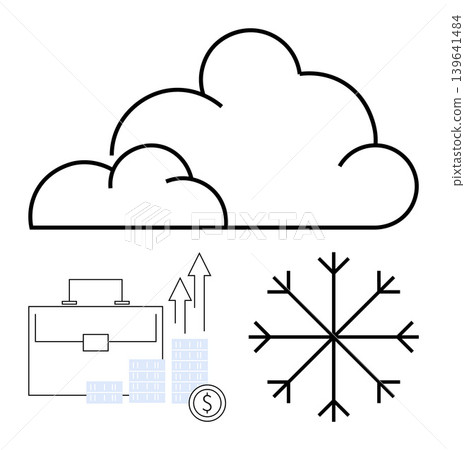 Technology, cloud computing, business growth, financial planning, weather forecast, data storage. Cloud icon with suitcase, financial growth symbols and snowflake. Cloud computing and business Technology, cloud computing, business growth, financial planning, weather forecast, data storage. Cloud icon with suitcase, financial growth symbols and snowflake. Cloud computing and business 139641484