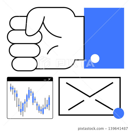 Business workflow, data tracking, finance, communication, teamwork, productivity. A clenched fist, a graph window and an envelope. Business workflow and data tracking effectively Business workflow, data tracking, finance, communication, teamwork, productivity. A clenched fist, a graph window and an envelope. Business workflow and data tracking effectively 139641487