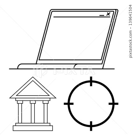 Digital security, online banking, financial protection, cybersecurity, data-targeting, secure transactions. Graphic showing a laptop, bank building and target symbol. Digital security and online Digital security, online banking, financial protection, cybersecurity, data-targeting, secure transactions. Graphic showing a laptop, bank building and target symbol. Digital security and online 139641504