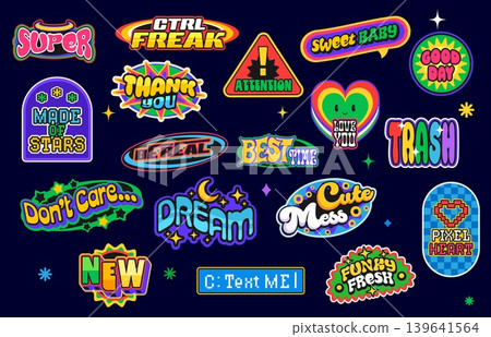 Retro Y2K stickers and patch labels set with rainbow heart smile and pixel quotes, cartoon vector. Y2K retro stickers and patch labels with night moon dream, rainbow text letters and Thank You badge Retro Y2K stickers and patch labels set with rainbow heart smile and pixel quotes, cartoon vector. Y2K retro stickers and patch labels with night moon dream, rainbow text letters and Thank You badge 139641564