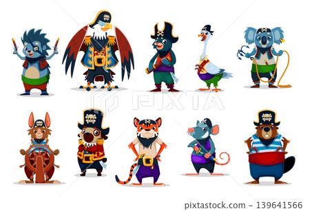 Cartoon funny animal pirate and corsair characters set featuring cute hedgehog, eagle, tiger, koala, and kangaroo, rat, mouse, pug dog , goose and beaver, with props like swords, ropes, and hats Cartoon funny animal pirate and corsair characters set featuring cute hedgehog, eagle, tiger, koala, and kangaroo, rat, mouse, pug dog , goose and beaver, with props like swords, ropes, and hats 139641566