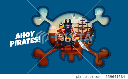 Paper cut pirate banner, captain with parrot and cutlass standing on wooden deck beside barrels and a moored galleon within skull and crossbones shaped 3d frame and Ahoy Pirates swashbuckling motto 139641584