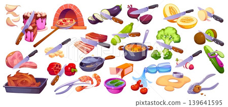 Cook food, cooking process set with vector ingredients and kitchen utensils. Cartoon knives, pot and frying pan, vegetables, meat and fish. Baking pizza, cutting cake and mixing soup cooking processes 139641595