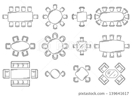Event, conference and restaurant seat plan diagram. Architectural layouts and interior scheme with banquet and dining tables, cocktail round tables, sofa lounge areas and multi chair arrangement Event, conference and restaurant seat plan diagram. Architectural layouts and interior scheme with banquet and dining tables, cocktail round tables, sofa lounge areas and multi chair arrangement 139641617