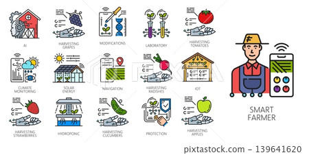 Robot smart farm technology color icons, agriculture and food industry. Vector line crop plants, farmer and digital farm field, AI robot hands, cultivation and harvesting symbols of smart technologies Robot smart farm technology color icons, agriculture and food industry. Vector line crop plants, farmer and digital farm field, AI robot hands, cultivation and harvesting symbols of smart technologies 139641620