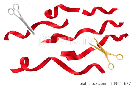 Grand opening ceremony scissors and red ribbons. Realistic 3d vector gold and silver scissors cutting silk curled tapes. Traditional ritual before launching new business campaign or inauguration event 139641627