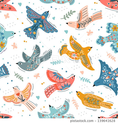 Folk ethnic scandinavian birds seamless pattern. Nordic ethnic vector print, Scandinavian folk backdrop or seamless pattern with flying pink, blue and orange dove or pigeon, cuckoo ornate birds Folk ethnic scandinavian birds seamless pattern. Nordic ethnic vector print, Scandinavian folk backdrop or seamless pattern with flying pink, blue and orange dove or pigeon, cuckoo ornate birds 139641628