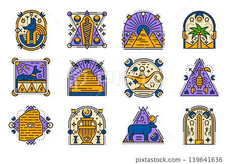 Color egyptian sacred tattoo, boho esoteric symbols and vector line icons. Ancient Egypt pharaoh pyramid and mummy, God Anubis, papyrus, sun and moon tattoos set with outline geometric ornaments 139641636
