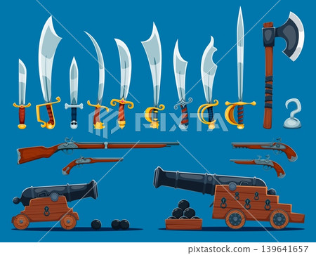 Cartoon pirate weapon, swords, sabres and cannons, vector piracy weaponry. Pirate old guns, swords and cannons with balls, boarding axe, dagger and hook. Corsair knife, saber and pistol weapon Cartoon pirate weapon, swords, sabres and cannons, vector piracy weaponry. Pirate old guns, swords and cannons with balls, boarding axe, dagger and hook. Corsair knife, saber and pistol weapon 139641657