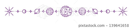Outer space and Solar system planet line divider or border. Space travel underline spacer, astronomy science vector divider. Galaxy outer space exploration border with sun and Solar system planets 139641658