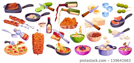 Cooking process set, cook food and kitchen utensils. Vector ingredients for dinner preparation with cartoon vegetables, fish and meat, knives, pot and pan. Pasta, pizza and chicken cooking process set 139641663