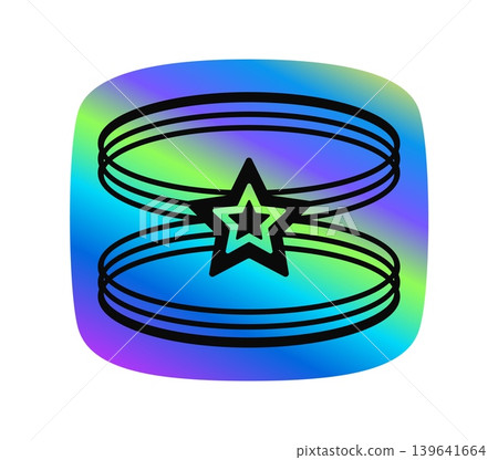 Star and spirals hologram vintage Y2K sticker or symbol. Glossy holographic Y2K tag, gradient chrome hologram vector label. Metallic color iridescent patch with star and circles graphic black shapes 139641664