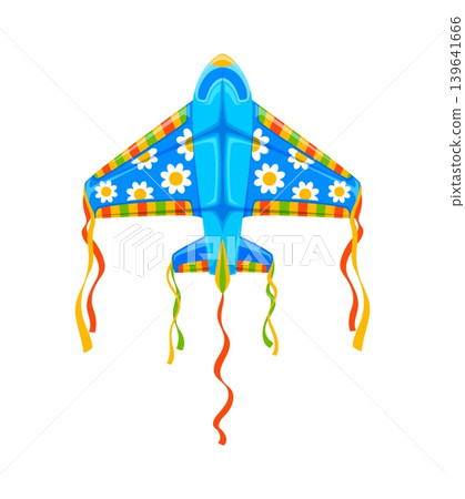 Festival paper kite in shape of airplane, painted in vivid blue color with white daisy flowers on wings. Indian festival flying toy isolated cartoon vector item, kids outdoor sports kite or paper wing Festival paper kite in shape of airplane, painted in vivid blue color with white daisy flowers on wings. Indian festival flying toy isolated cartoon vector item, kids outdoor sports kite or paper wing 139641666
