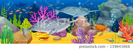 Cartoon narwhal animals, seaweeds and coral reefs. Ocean underwater environment landscape vector background with two narwhals and sea turtle characters, fish schools, seaweeds and corals, stones Cartoon narwhal animals, seaweeds and coral reefs. Ocean underwater environment landscape vector background with two narwhals and sea turtle characters, fish schools, seaweeds and corals, stones 139641668