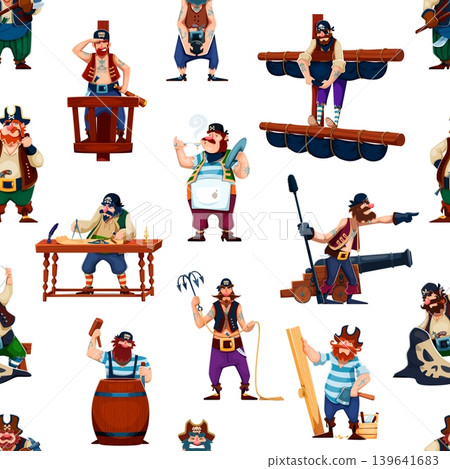 Pirate and corsair crew characters seamless pattern in different poses, as saluting, smoking a pipe, standing on a mast or cooking. Vector tile background of cartoon pirates performing nautical tasks Pirate and corsair crew characters seamless pattern in different poses, as saluting, smoking a pipe, standing on a mast or cooking. Vector tile background of cartoon pirates performing nautical tasks 139641683