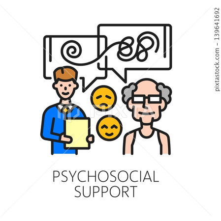 Elderly care service psychological support color line icon or symbol. Old people social support, seniors nursing service vector icon. Elderly care symbol with elderly man and therapist characters Elderly care service psychological support color line icon or symbol. Old people social support, seniors nursing service vector icon. Elderly care symbol with elderly man and therapist characters 139641692