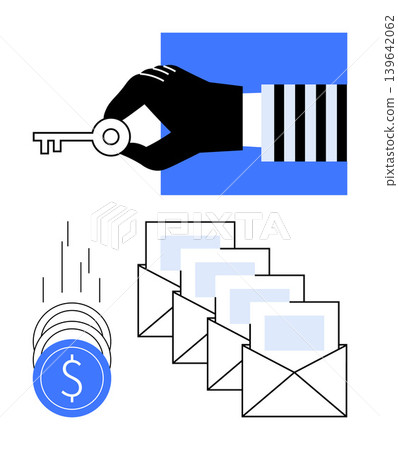 Cybersecurity, online fraud protection, data security, hacking, financial security, identity theft. Image shows hand holding a key, coins and envelopes. Cybersecurity and online fraud protection 139642062