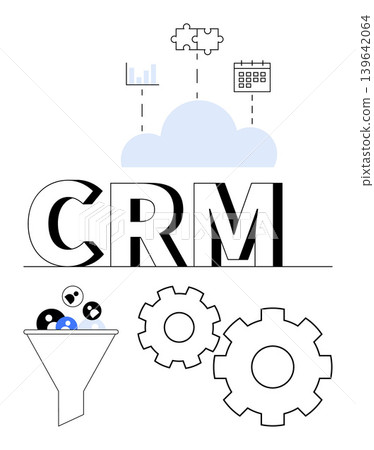 Business solutions, data analysis, customer management, workflow automation, productivity tools, digital organization. CRM text with cloud, gears funnel analytics and calendar icons. Business Business solutions, data analysis, customer management, workflow automation, productivity tools, digital organization. CRM text with cloud, gears funnel analytics and calendar icons. Business 139642064