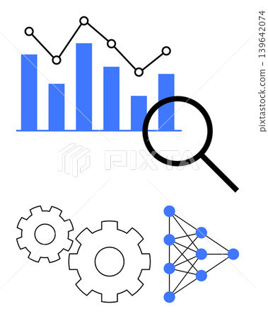 Data analysis, machine learning, business growth, artificial intelligence, productivity, analytics. Magnifying glass over the bar chart, gears and neural network diagram. Data analysis and machine 139642074