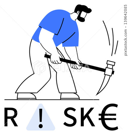 Financial risk, economic loss, business instability, danger, accountability, crisis. Man striking Euro symbol with a tool near warning icon. Financial risk and economic loss 139642085