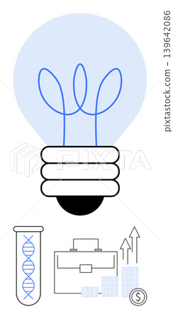 Innovation, biotechnology, business strategy, financial growth, investment, science. Lightbulb, DNA test tube briefcase and financial charts. Innovation and biotechnology concept Innovation, biotechnology, business strategy, financial growth, investment, science. Lightbulb, DNA test tube briefcase and financial charts. Innovation and biotechnology concept 139642086