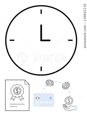 Time management, finance, secure payments, productivity, efficiency, money transfer. A clock, document credit card and currency symbols. Time management and finance concept illustrated with simple Time management, finance, secure payments, productivity, efficiency, money transfer. A clock, document credit card and currency symbols. Time management and finance concept illustrated with simple 139642138