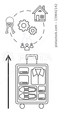 Travel, organization, logistics, home relocation, vacation planning, mobility. A suitcase packed with shoes and clothing, accompanied by icons of keys a home and gears. Travel and organization 139642142