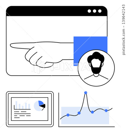 Data analytics, user identification, digital profile management, online engagement, data visualization, web analysis. Hand pointing in a browser window, user profile icon and graphs. Data analytics 139642143