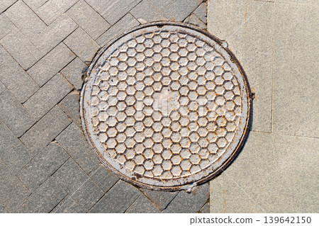 Rusty Honeycomb Manhole Cover On Herringbone Paving And Concrete Sidewalk Urban Street Detail Rusty Honeycomb Manhole Cover On Herringbone Paving And Concrete Sidewalk Urban Street Detail 139642150