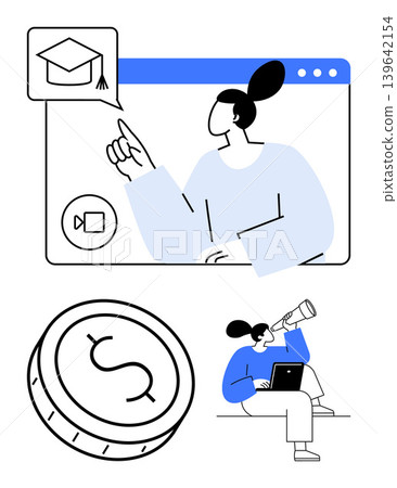 Online learning, financial planning, education investment, career goals, technology use, remote work. Woman pointing to graduation cap icon, coin and telescope. Online learning and financial Online learning, financial planning, education investment, career goals, technology use, remote work. Woman pointing to graduation cap icon, coin and telescope. Online learning and financial 139642154