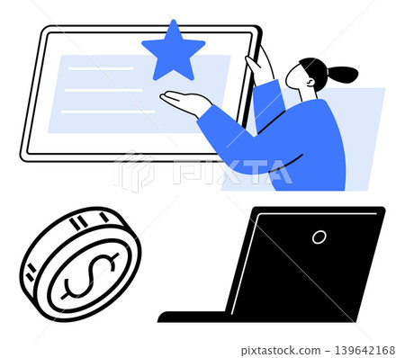 Business strategy, online education, financial management, success achievement, digital economy, technology use. A person interacting with a screen, a coin and a laptop. Online education Business strategy, online education, financial management, success achievement, digital economy, technology use. A person interacting with a screen, a coin and a laptop. Online education 139642168