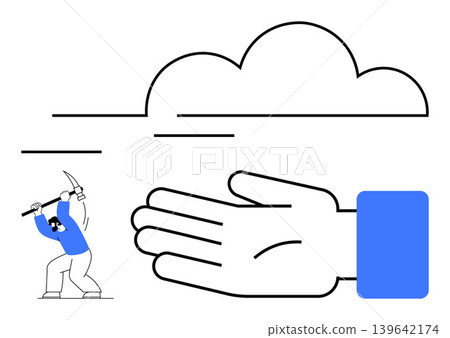 Cloud computing, data storage, digital collaboration, labor, technology access, digital tools. A worker digging below a cloud and hand gesture. Cloud computing and data storage visualization Cloud computing, data storage, digital collaboration, labor, technology access, digital tools. A worker digging below a cloud and hand gesture. Cloud computing and data storage visualization 139642174