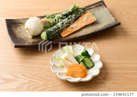 Pickled cucumbers, turnips, and carrots in rice bran Pickled cucumbers, turnips, and carrots in rice bran 139642177