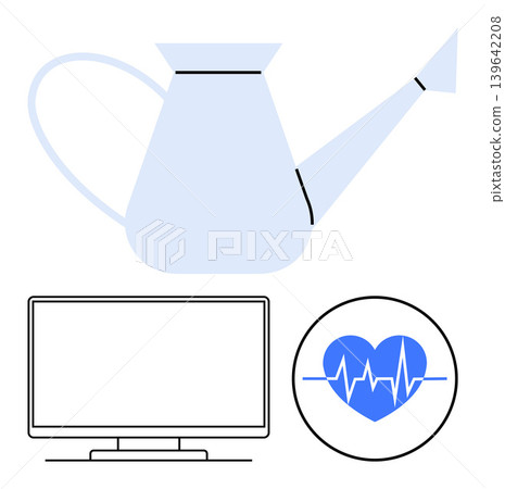 Gardening, technology, health monitoring, eco-friendly living, online services, modern lifestyle. Watering can, computer monitor heart with pulse. Gardening and health monitoring conceptual Gardening, technology, health monitoring, eco-friendly living, online services, modern lifestyle. Watering can, computer monitor heart with pulse. Gardening and health monitoring conceptual 139642208