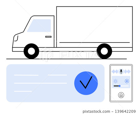 Logistics, delivery tracking, transportation systems, smart technology, fleet management, cargo monitoring. Minimalistic truck graphic with mobile app interface and a checkmark icon. Logistics 139642209