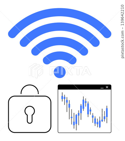 Cybersecurity, financial data, data encryption, digital security, network safety, online privacy. wireless signal, lock icon stock market graph interface. Cybersecurity and financial data Cybersecurity, financial data, data encryption, digital security, network safety, online privacy. wireless signal, lock icon stock market graph interface. Cybersecurity and financial data 139642210