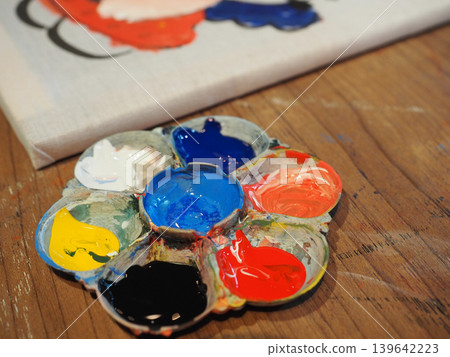 Paint palette acrylic paint artistic tool colorful pigment wooden table creative hobby closeup detail painting process art canvas studio light Palette of colorful acrylic paint wooden table near Paint palette acrylic paint artistic tool colorful pigment wooden table creative hobby closeup detail painting process art canvas studio light Palette of colorful acrylic paint wooden table near 139642223